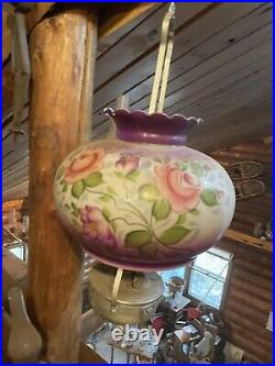 Vintage Hurricane Hanging Ceiling Fixture, Kerosene Oil Lamp, Purple Floral