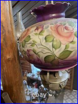Vintage Hurricane Hanging Ceiling Fixture, Kerosene Oil Lamp, Purple Floral
