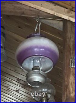 Vintage Hurricane Hanging Ceiling Fixture, Kerosene Oil Lamp, Purple Floral