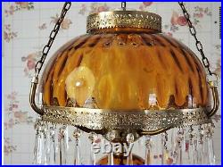 Vintage Hurricane Hanging Lamp Large Ceiling Mount Amber With Prisms