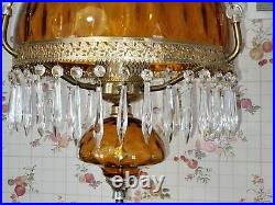 Vintage Hurricane Hanging Lamp Large Ceiling Mount Amber With Prisms