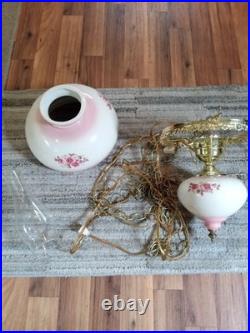 Vintage Hurricane Lamp hanging ceiling Hand Painted Gold Tone With flowers