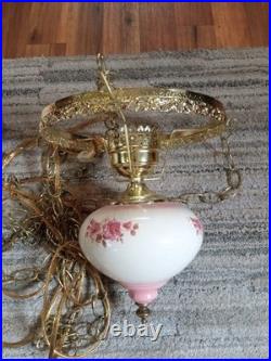 Vintage Hurricane Lamp hanging ceiling Hand Painted Gold Tone With flowers