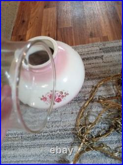 Vintage Hurricane Lamp hanging ceiling Hand Painted Gold Tone With flowers