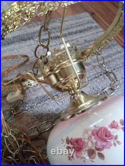 Vintage Hurricane Lamp hanging ceiling Hand Painted Gold Tone With flowers
