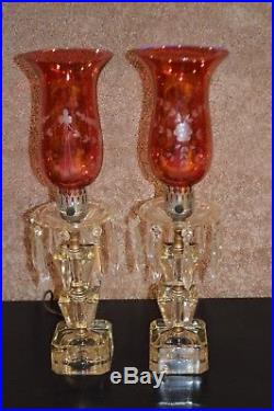 Vintage Hurricane Lamp withEtched Cranberry Glass Shades & Hanging Crystals