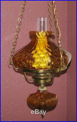 Vintage Hurricane Style Hanging Light Swag Lamp Unusual Amber Glass Globe