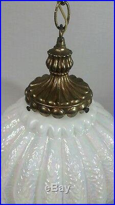 Vintage IRIDESCENT WHITE OPALESCENT ART GLASS HANGING SWAG LAMP Light CEILING