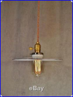 Vintage Industrial Hanging Light with Flat Lamp Shade Antique Machine Age Steel