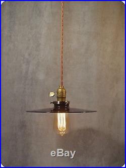 Vintage Industrial Hanging Light with Flat Lamp Shade Antique Machine Age Steel