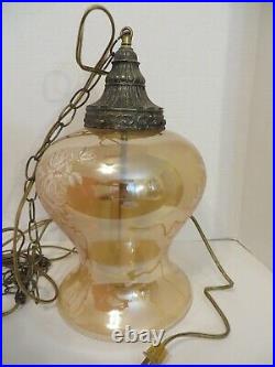 Vintage Iridescent Hanging Bell Shaped Pendant Swag Lamp Light WithFloral Roses