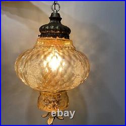 Vintage Iridescent Peach Amber Floral Swag Lamp Hanging Light Pull Chain Works