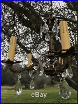 Vintage Italian Brass And Crystal Hanging Lamp Chandelier Lovely Details