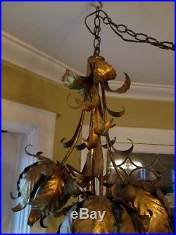 Vintage Italian Gold Metal Tole Tulips Lotus Swag Chandelier Hanging Lamp Light