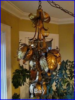 Vintage Italian Gold Metal Tole Tulips Lotus Swag Chandelier Hanging Lamp Light