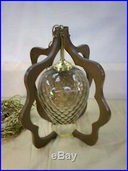 Vintage Italian Hanging Swag Lamp Light Fixture 16 Wood and Glass