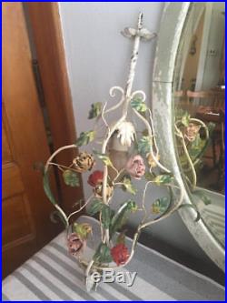 Vintage Italian Tole Chandelier Roses Birdcage Chippy White Hanging Lamp Light