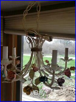 Vintage Italian Tole Painted Metal 5 Light Hanging Chandelier Floral Garden Lamp