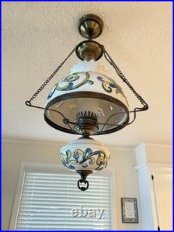 Vintage Italian hanging hurricane lamp with hand painted ceramic design