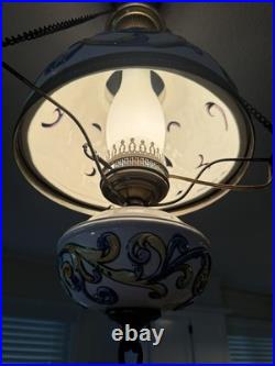 Vintage Italian hanging hurricane lamp with hand painted ceramic design