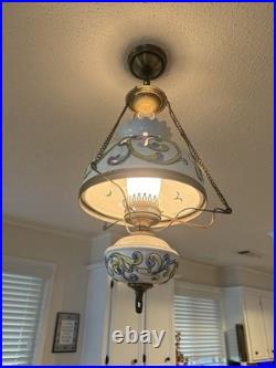 Vintage Italian hanging hurricane lamp with hand painted ceramic design