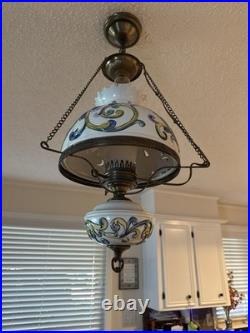 Vintage Italian hanging hurricane lamp with hand painted ceramic design