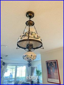 Vintage Italian hanging hurricane lamp with hand painted ceramic design