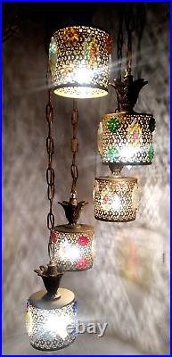 Vintage Jeweled Hanging Lamp 5Ttier Brass Ornate Chain