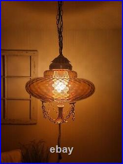 Vintage LARGE Amber Swag Light Hanging Pendant Mid-Century Lamp Plug in REWIRED