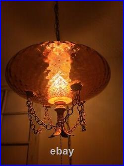Vintage LARGE Amber Swag Light Hanging Pendant Mid-Century Lamp Plug in REWIRED