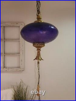 Vintage LARGE Purple Swag Light Crackle Mid Century Pendant Hanging Lamp Plug In