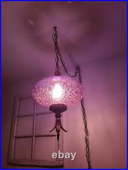 Vintage LARGE Purple Swag Light Crackle Mid Century Pendant Hanging Lamp Plug In