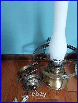 Vintage LARGE Quoizel Abigail Adams MCM Blue Floral Brass Hanging Hurricane Lamp