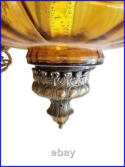 Vintage Lamp Hanging Swag Brass Amber Glass Mid Century Hollywood Regency