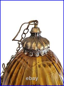 Vintage Lamp Hanging Swag Brass Amber Glass Mid Century Hollywood Regency