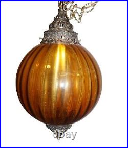 Vintage Lamp Hanging Swag Brass Amber Glass Mid Century Hollywood Regency Round