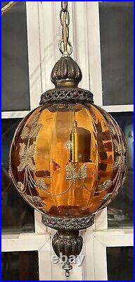 Vintage Lamp Mid Century Hanging Swag Brass Amber Glass Hollywood Regency Globe