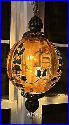 Vintage Lamp Mid Century Hanging Swag Brass Amber Glass Hollywood Regency Globe