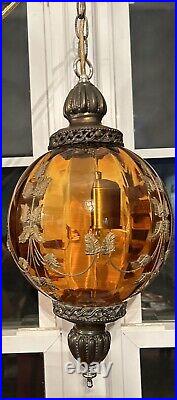 Vintage Lamp Mid Century Hanging Swag Brass Amber Glass Hollywood Regency Globe