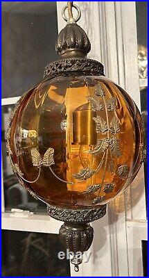 Vintage Lamp Mid Century Hanging Swag Brass Amber Glass Hollywood Regency Globe