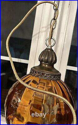 Vintage Lamp Mid Century Hanging Swag Brass Amber Glass Hollywood Regency Globe