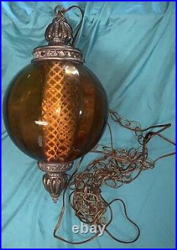Vintage Lamp Mid Century Hanging Swag Brass Amber Glass Hollywood Regency Round