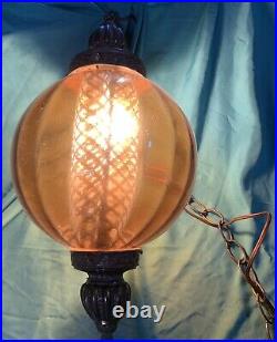 Vintage Lamp Mid Century Hanging Swag Brass Amber Glass Hollywood Regency Round