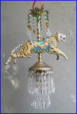 Vintage Lamp SWAG Chandelier Porcelain Tiger Carousel Emerald Beads Crystal pris