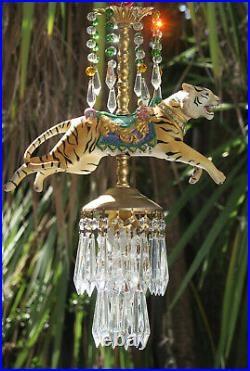Vintage Lamp SWAG Chandelier Porcelain Tiger Carousel Emerald Beads Crystal pris