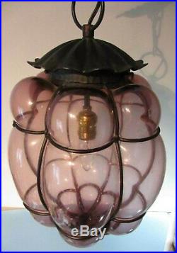 Vintage Lamp Venetian Caged Bubble Murano Blown Glass HANGING Light Purple amber