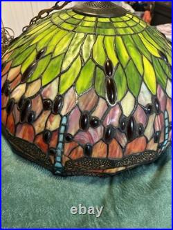Vintage Large 22 Dragon Fly Tiffany Style Stained Glass Hanging Swag Lamp