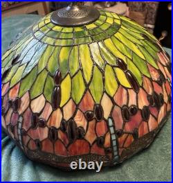 Vintage Large 22 Dragon Fly Tiffany Style Stained Glass Hanging Swag Lamp