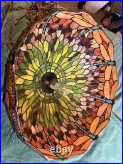 Vintage Large 22 Dragon Fly Tiffany Style Stained Glass Hanging Swag Lamp