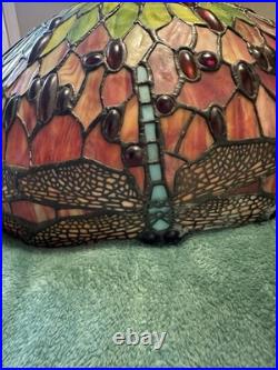 Vintage Large 22 Dragon Fly Tiffany Style Stained Glass Hanging Swag Lamp